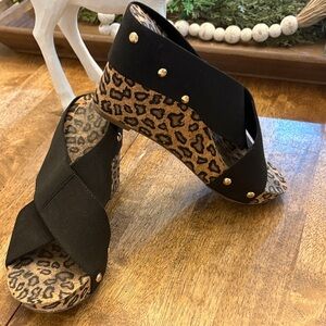 Leopard Print Wedge Sandals with Black Straps